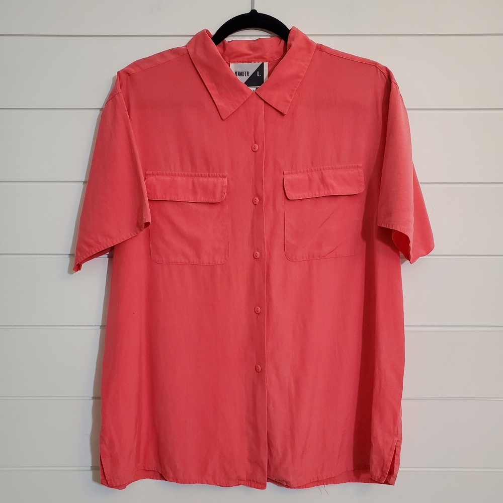 Jennifer Lopez Peach Silk Top Button down Short sleeve shirt‎ Size L